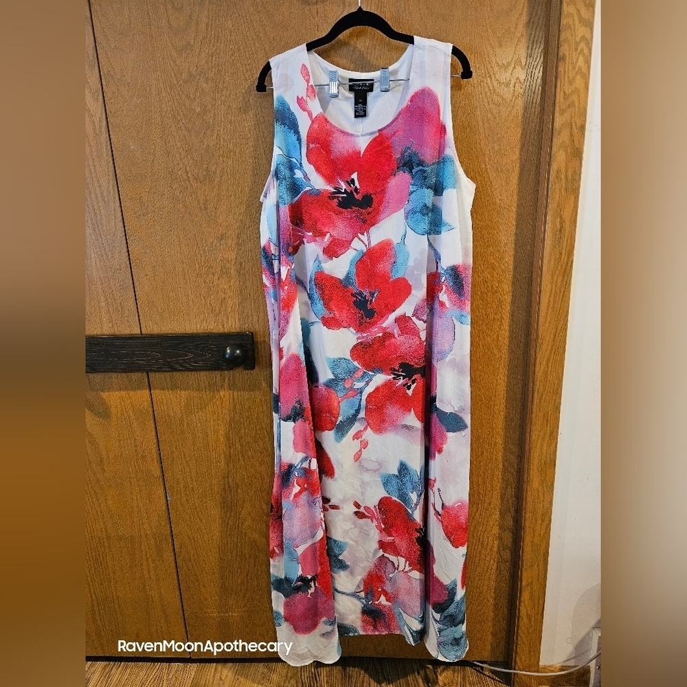 Catherines White Maxi Dress with Red and Blue Floral Print